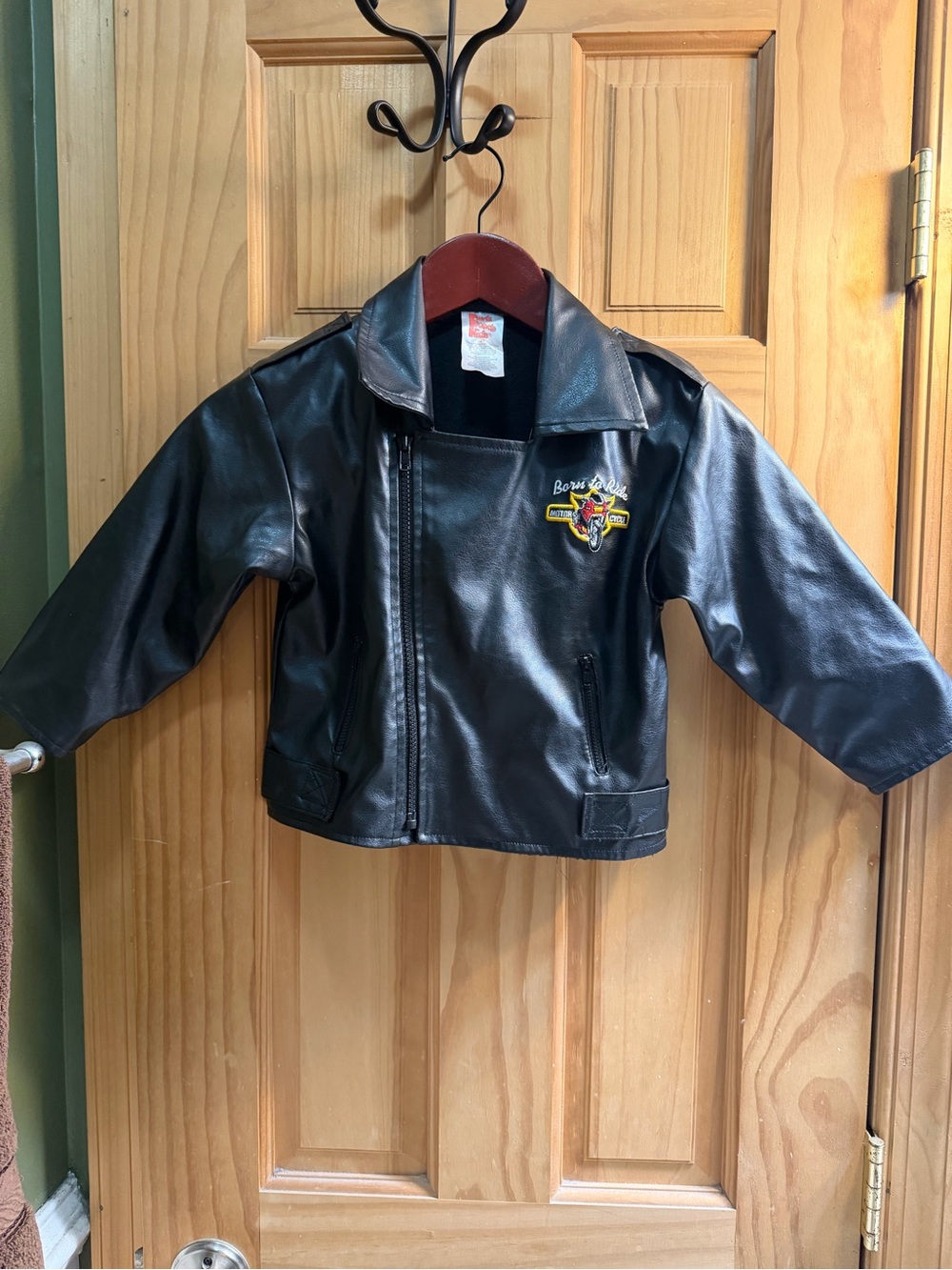 Kids Black Faux Leather Moto Jacket with Embroidered Patch